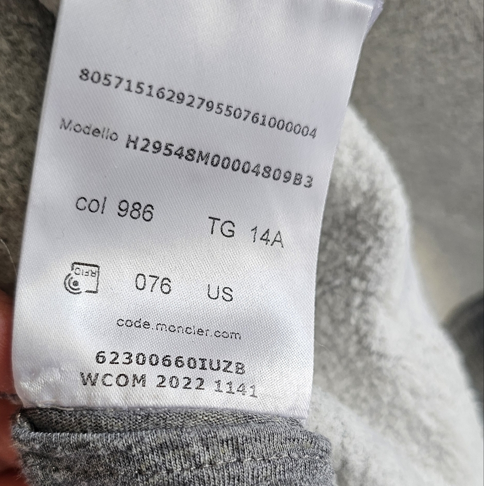 Moncler Boy's Gray Hoodie 100% Cotton Size 14 - Picture 8 of 11
